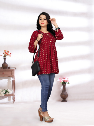 Classy Design Jeans Tops with Foil Print(Red Colour)