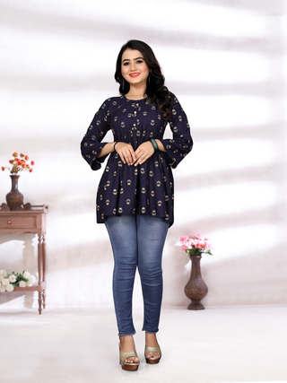 Classy Design Jeans Tops with Foil Print(Dark Blue)