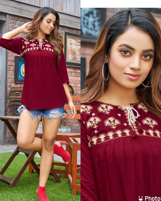 Embroidery Work Short Tops for Office and Regular Wear(RED COLOUR)