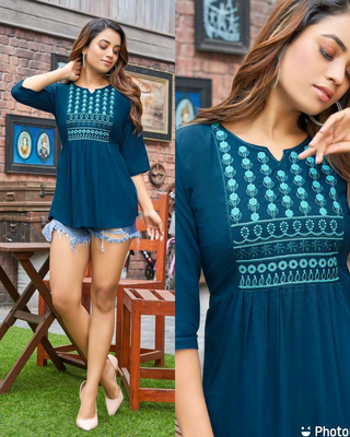 Embroidery Work Short Tops for Office and Regular Wear(RAMA BLUE)
