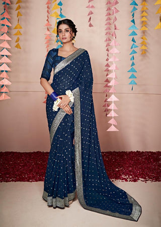 Navy Blue Color Georgette saree With Border On  Saree Edges