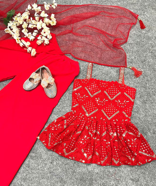 Red Color Girls Stylist georgette Sarara with sequins Embroidery work