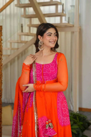 VARMAN DESIGNER ORANGE GEORGETTE PRINTED ANARKALI GOWN SET FOR WOMEN READY TO WEAR FULLY STITCHED ID :10445177159962