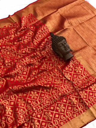 Orange Color Banarasi Soft Silk Saree With Brocade Blouse