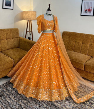Orange Color Seqins Embroidered Attractive Lehenga Choli with Full Worked Dupatta