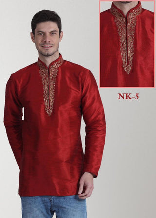 Red Color Gents Ethinic Embroidered Dupion Silk Kurta