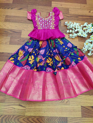 Pink And Blue Coimbination Printed And Embroidered Girls Lehenga