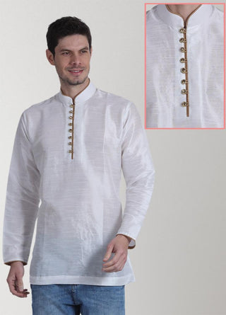 White Color Dupion Silk Fabric With full Sleeve Gents Kurta