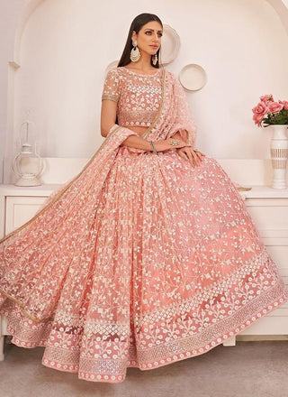 Embroidered Pink Color Party Wear  Lehenga for Women With Organza Dupatta