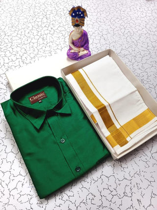 Green color shirt and white with golden color dhoti
