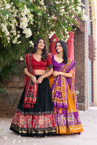 2-3 Days Delivery! Indian Lehenga for Women Ready to Wear Lehenga Choli Tussar Silk, Patola Print, Foil Work Party Wear Black Color Fully Stitched Blouse, Listing ID: 8858533724442