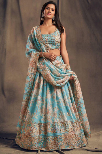  SKY BLUE ORGENZA LEHENGA WITH DIGITAL PRINT AND EMBROIDERED SEQUINS WORK