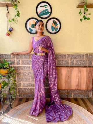 Purple Color Georgette Sequins Embroidery work Saree With Satin Banglori Blouse