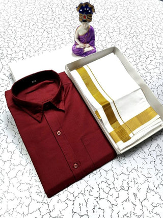 Maroon Color Shirt With Golden Zari Border White Dhoti