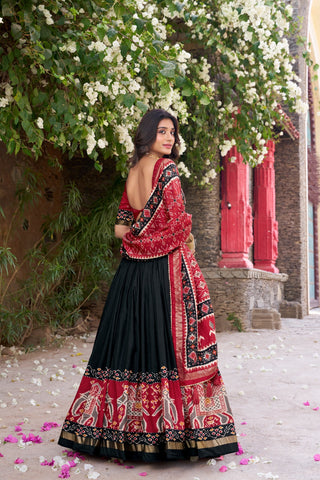 2-3 Days Delivery! Indian Lehenga for Women Ready to Wear Lehenga Choli Tussar Silk, Patola Print, Foil Work Party Wear Black Color Fully Stitched Blouse, Listing ID: 8858533724442