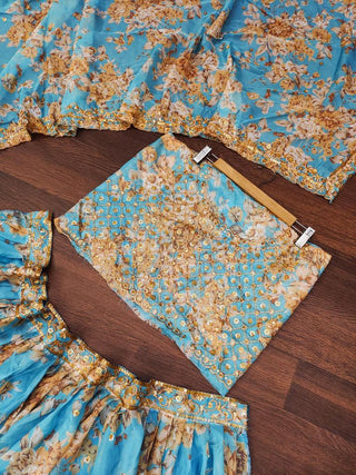  SKY BLUE ORGENZA LEHENGA WITH DIGITAL PRINT AND EMBROIDERED SEQUINS WORK