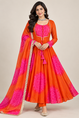 Orange and pink Anarkali set on model, full length