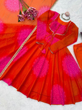 Original orange and pink Anarkali set with pants and dupatta