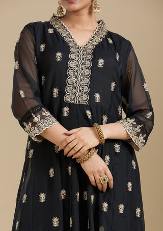 VARMAN DESIGNER BLACK FOX FABRIC WITH SEQUIN AND CHIKU THREAD WORK  FOR WOMEN READY TO WEAR FULLY STITCHED ID : 10443877253402