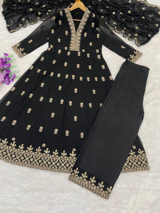 VARMAN DESIGNER BLACK FOX FABRIC WITH SEQUIN AND CHIKU THREAD WORK  FOR WOMEN READY TO WEAR FULLY STITCHED ID : 10443877253402