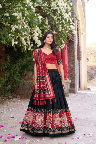 2-3 Days Delivery! Indian Lehenga for Women Ready to Wear Lehenga Choli Tussar Silk, Patola Print, Foil Work Party Wear Black Color Fully Stitched Blouse, Listing ID: 8858533724442