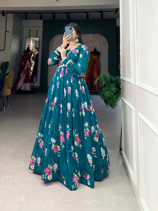 georgette-gown-with-floral-print-lace-border-work-color-bottle-green-1