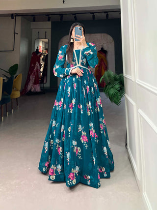 georgette-gown-with-floral-print-lace-border-work-color-bottle-green-2
