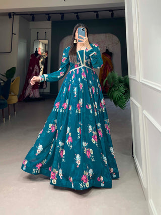 georgette-gown-with-floral-print-lace-border-work-color-bottle-green-3