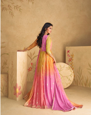 SAYURI DESIGNER PINK WITH YELLOW BLENDED CHINON SILK LEHENGA SUIT