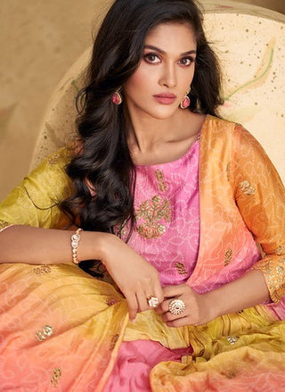 SAYURI DESIGNER PINK WITH YELLOW BLENDED CHINON SILK LEHENGA SUIT