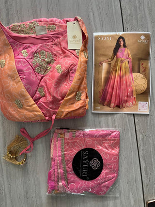 SAYURI DESIGNER PINK WITH YELLOW BLENDED CHINON SILK LEHENGA SUIT
