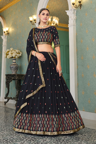 VARMAN DESIGNER BLACK GEORGETTE LEHENGA CHOLI WITH SEQUIN AND EMBROIDERY WORK FOR WOMEN READY TO WEAR   FULLY STITCHED ID : 10442009149722