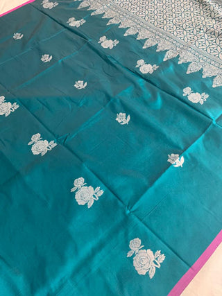  Pure Litchi  Turquoise  Blue  Silk Saree With Beautiful Silver Print In Saree With Silver Pallu