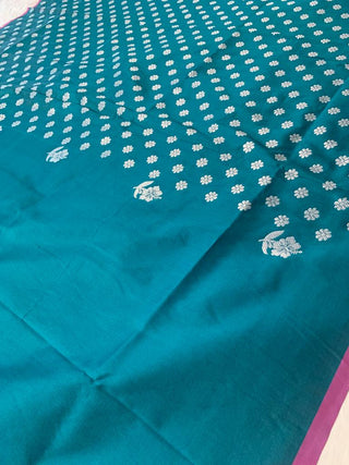  Pure Litchi  Turquoise  Blue  Silk Saree With Beautiful Silver Print In Saree With Silver Pallu