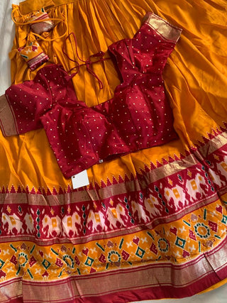 Varman Indian Lehenga for Women Ready to Wear Lehenga Choli Tussar Silk, Patola Print, Foil Work Party Wear Yellow Color Fully Stitched Blouse, Listing ID: 8858533724442