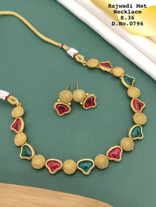 2-3 Days Delivery! Rajwadi Matt Necklace Set with Green and Red Colored Stone, Listing ID: 9274707411226