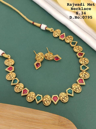 2-3 Days Delivery! Rajwadi Matt Necklace Set with Green and Red Colored Stone, Listing ID: 9274707411226