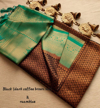Dark Coffee Brown Color and Olive Green Pallu KuberaPattu Soft Silk Premium Saree For Women