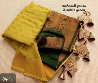 banarasi-mulberry-soft-silk-jacquard-sarees-color-mehandi-yellow-bottle-green-2