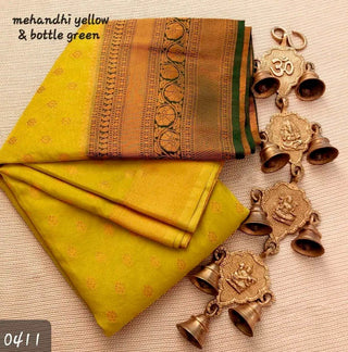 banarasi-mulberry-soft-silk-jacquard-sarees-color-mehandi-yellow-bottle-green