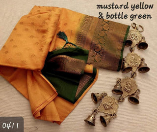 banarasi-mulberry-soft-silk-jacquard-sarees-color-mustard-yellow-bottle-green-2
