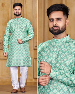 banglori-silk-men-kurta-pyjama-set-crochet-print-work-color-teal