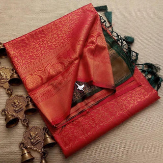 Red With Green Color Kubera pattu Soft Silk Saree With Rich Copper Two Tone Zari