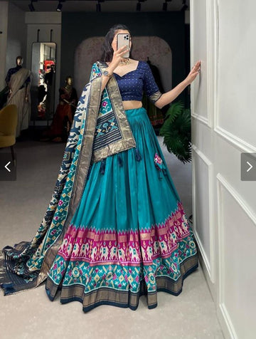 blended-tussar-silk-lehenga-set-with-patola-print-with-foil-work-blue