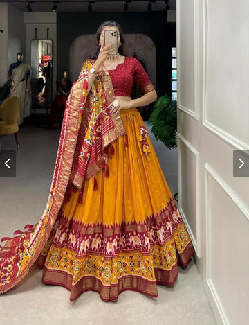blended-tussar-silk-lehenga-set-with-patola-print-with-foil-work-yellow