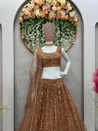 Brown Color Soft Net Sequins Embroidered Lehenga With Net Dupatta