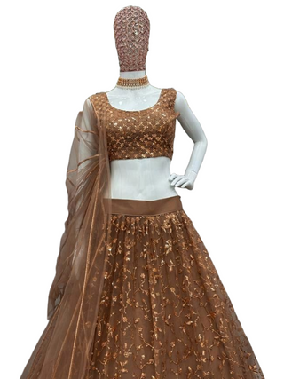 Brown Color Soft Net Sequins Embroidered Lehenga With Net Dupatta