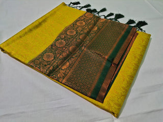  Mustard Color Kubera Pattu Copper Soft Silk Saree With Green Color Border With Tassel Work