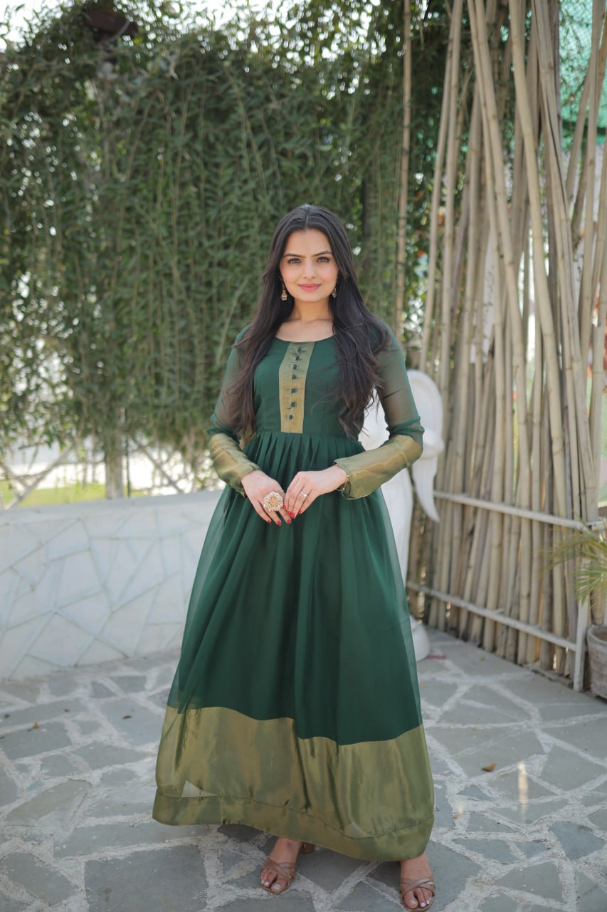 Ship From India! Beautiful Designer Round Neck Chiffon Gown With Golden Zari Patta Work, Listing ID: PRE8729455690010 Green / XXL Ship From India! Beautiful Designer Round Neck Chiffon Gown With Golden Zari Patta Work, Listing ID: PRE8729455690010 Green / XXL