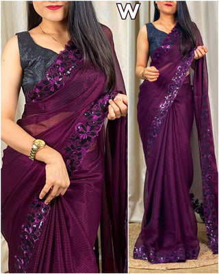 2-3 Days Delivery! Saree for Women Ready to Wear Saree with Stitched Blouse Chiffon with Black Sequins and Bonding  Blouse Party Wear Wine Color, Listing ID: 8817169858842